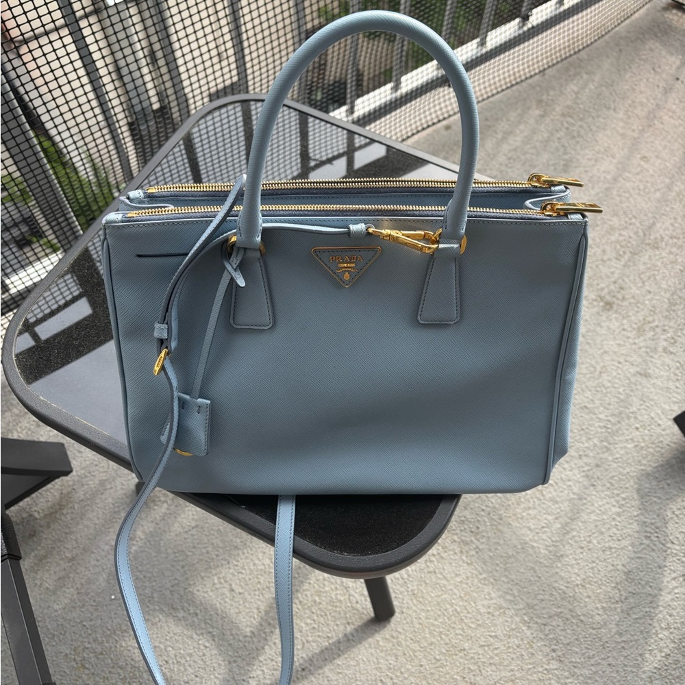 Prada Saffiano Large Double Zip Satchel in Powder Blue (“Astrale”) Gold Hardware